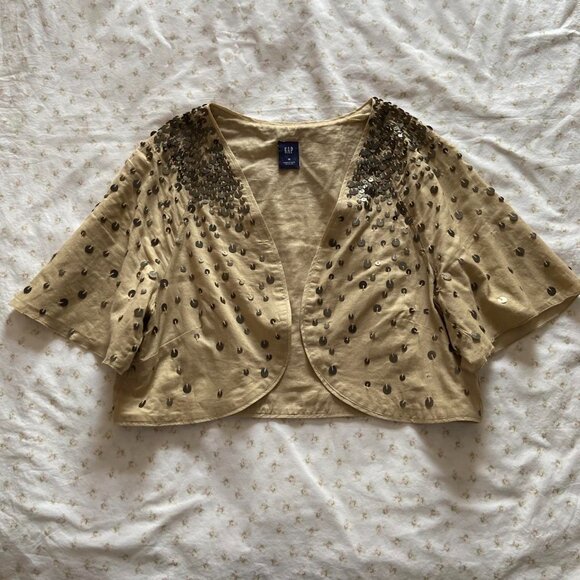 y2k 2000s vintage GAP tan cotton eclectic fairy shrug w metal sequins - Picture 4 of 8